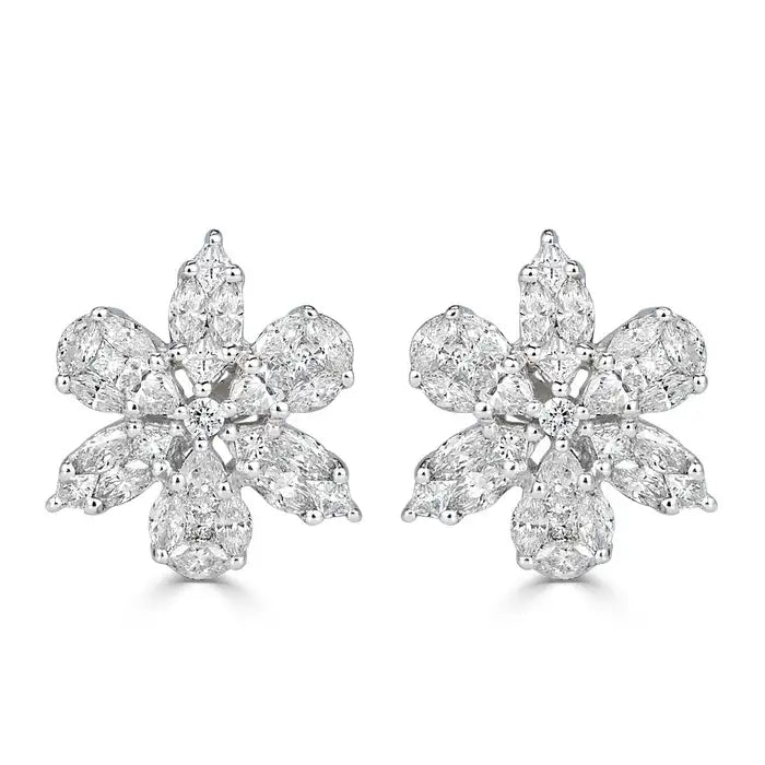 1.85 Carat Floral Cluster Diamond Earrings shape : round \ princess color : F\G clarity : VS1\VS2