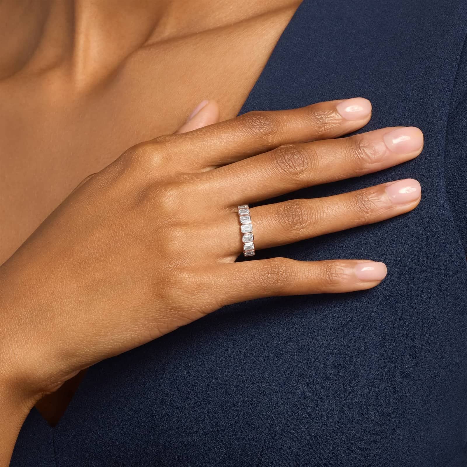 7 Stone Emerald Bezel Diamond Anniversary Ring in 14k Rose Gold (1 3/4 ct. tw.)