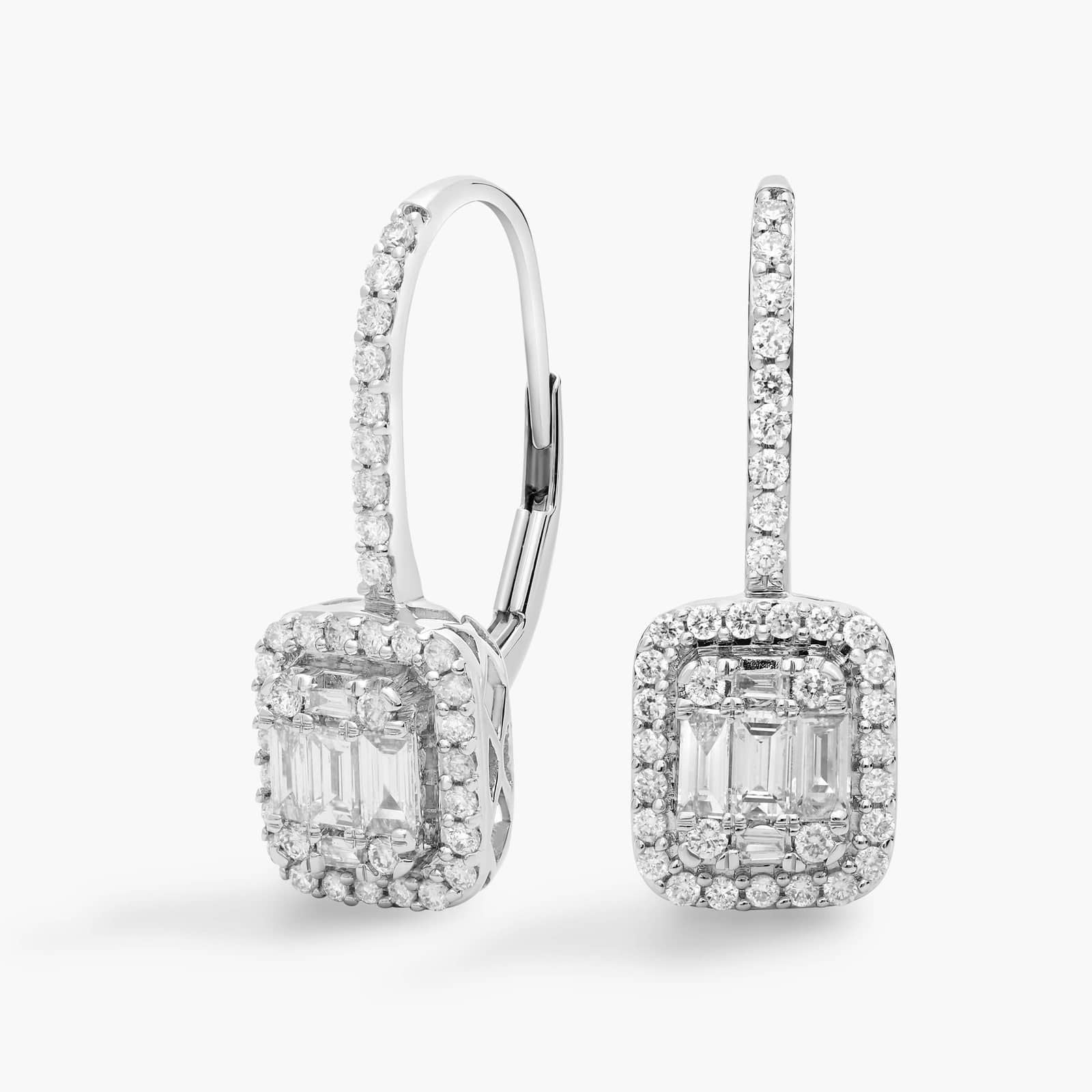 Baguette Diamond Lever Back Drop Earrings in (3/4 ct. tw.)  shape : round color : DEF clarity : VVS/VS shape : baguette color : DEF clarity : VVS/VS