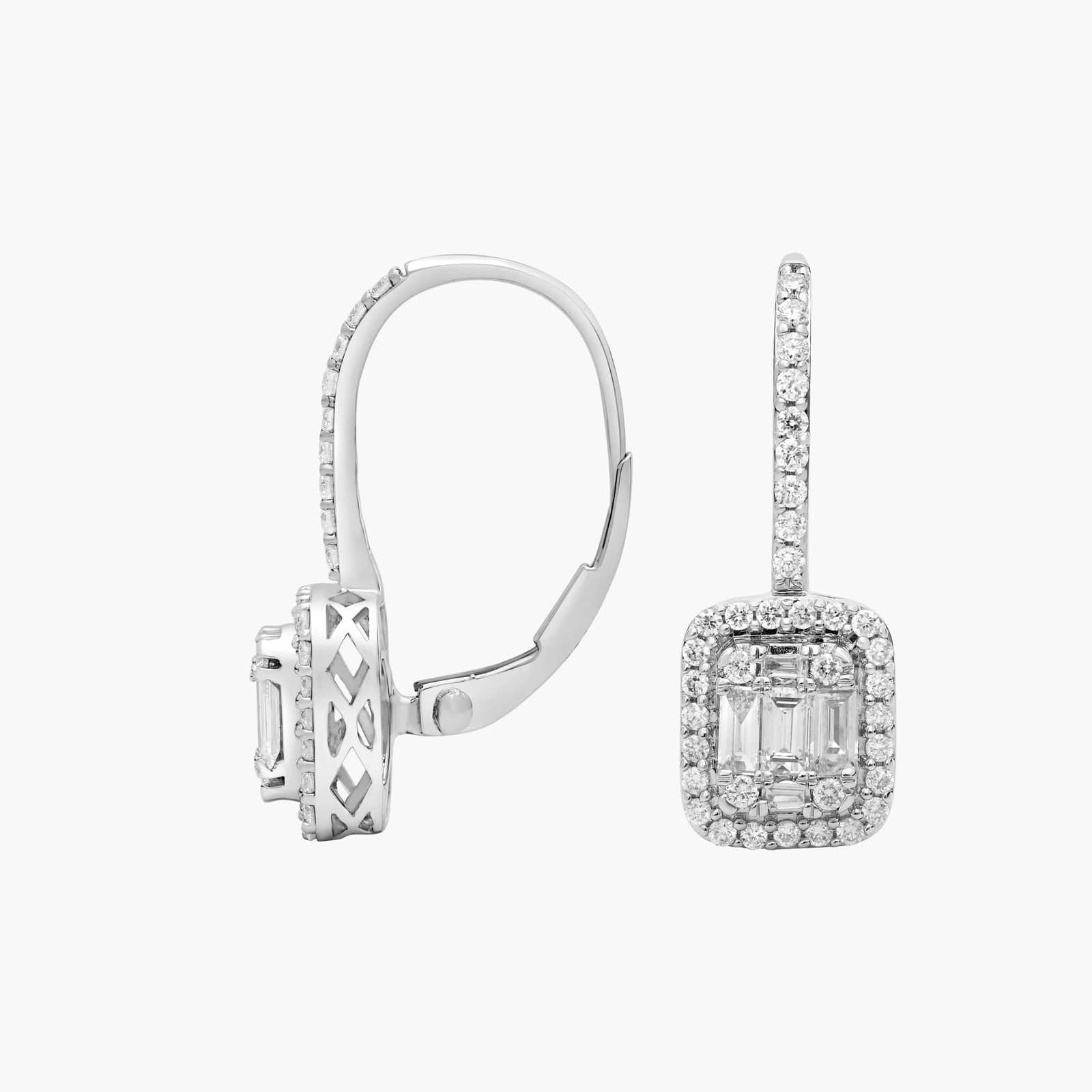 Baguette Diamond Lever Back Drop Earrings in (3/4 ct. tw.)  shape : round color : DEF clarity : VVS/VS shape : baguette color : DEF clarity : VVS/VS