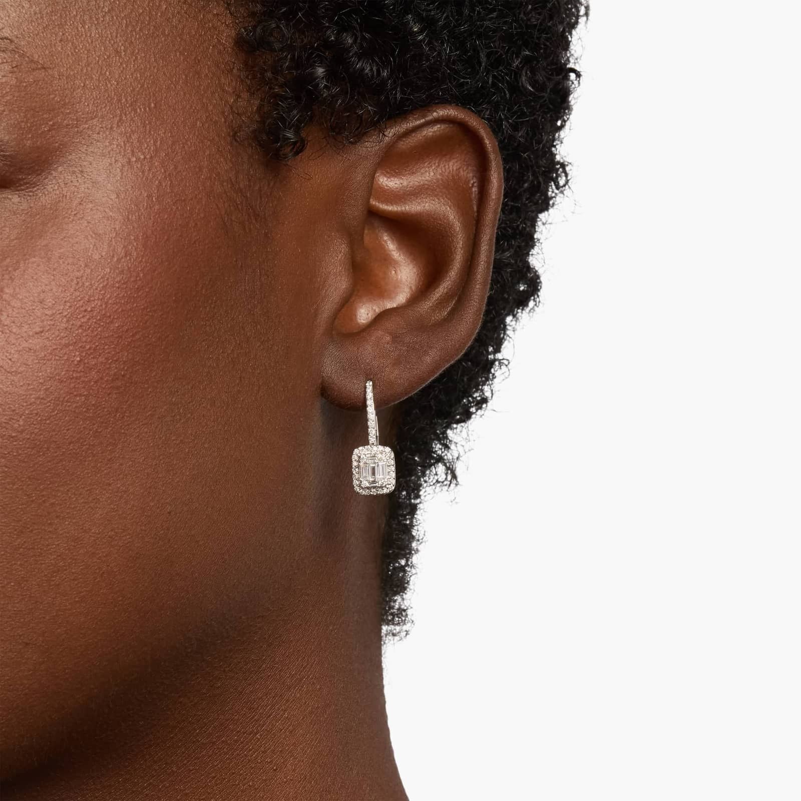 Baguette Diamond Lever Back Drop Earrings in (3/4 ct. tw.)  shape : round color : DEF clarity : VVS/VS shape : baguette color : DEF clarity : VVS/VS