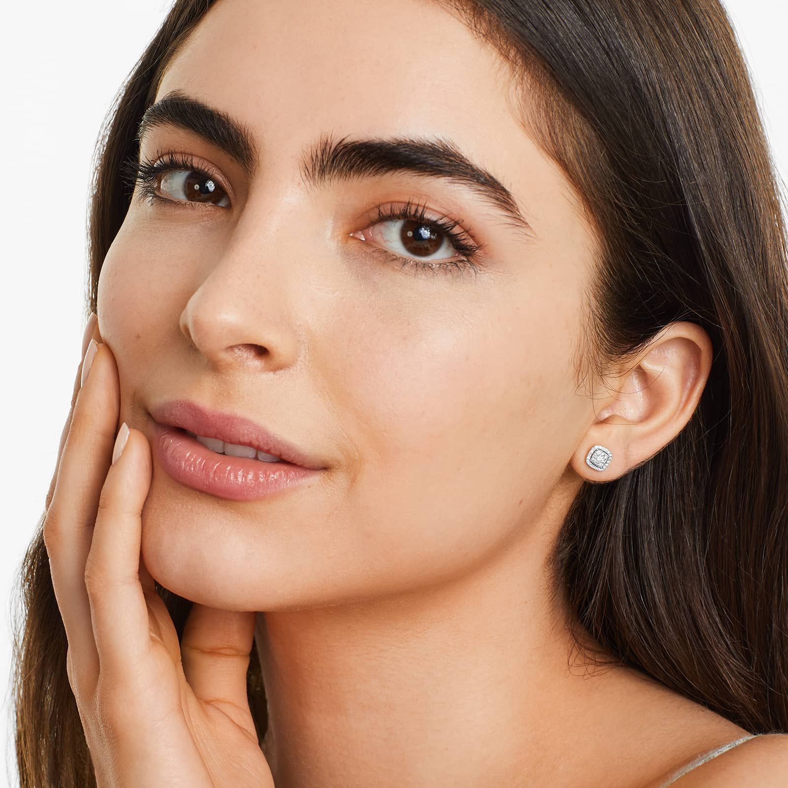 14K White Gold Cushion Halo Cluster Stud Earrings (0.08 CTW -G-H / SI1-SI2)