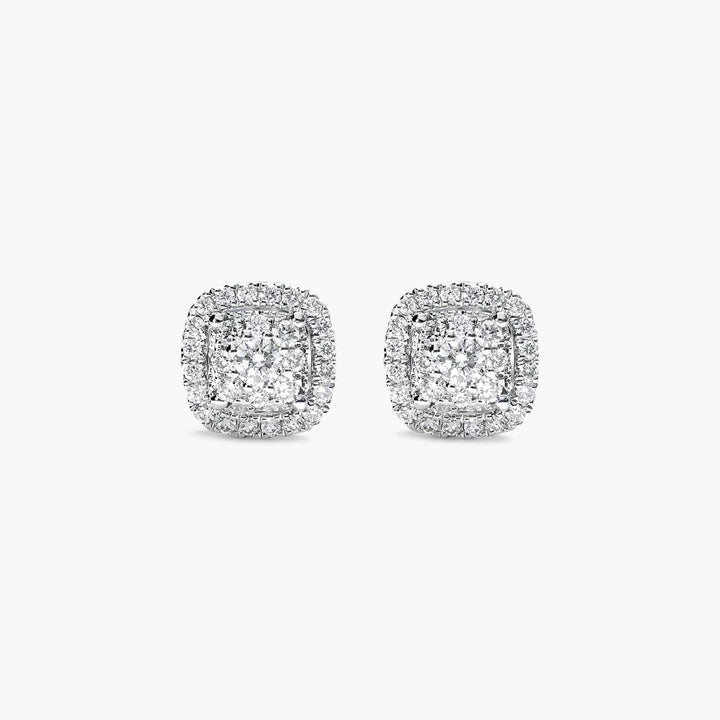 14K White Gold Cushion Halo Cluster Stud Earrings (0.08 CTW -G-H / SI1-SI2)