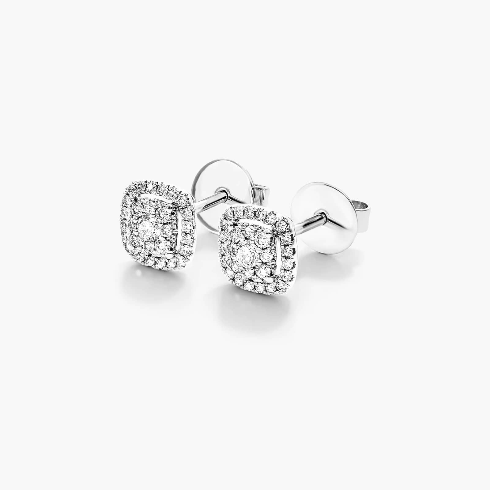 14K White Gold Cushion Halo Cluster Stud Earrings (0.08 CTW -G-H / SI1-SI2)