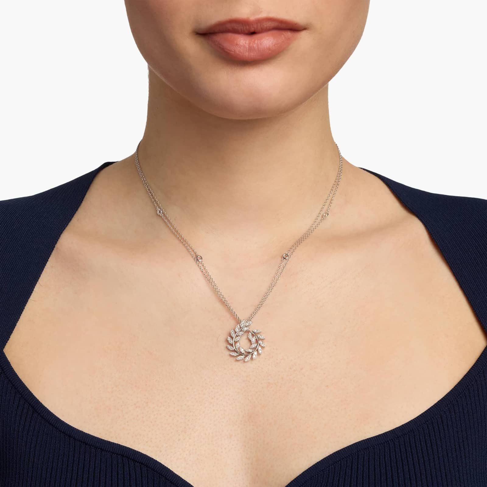 Double Chain Diamond Wreath Necklace In 14K White Gold (3/8 Ct. Tw.)