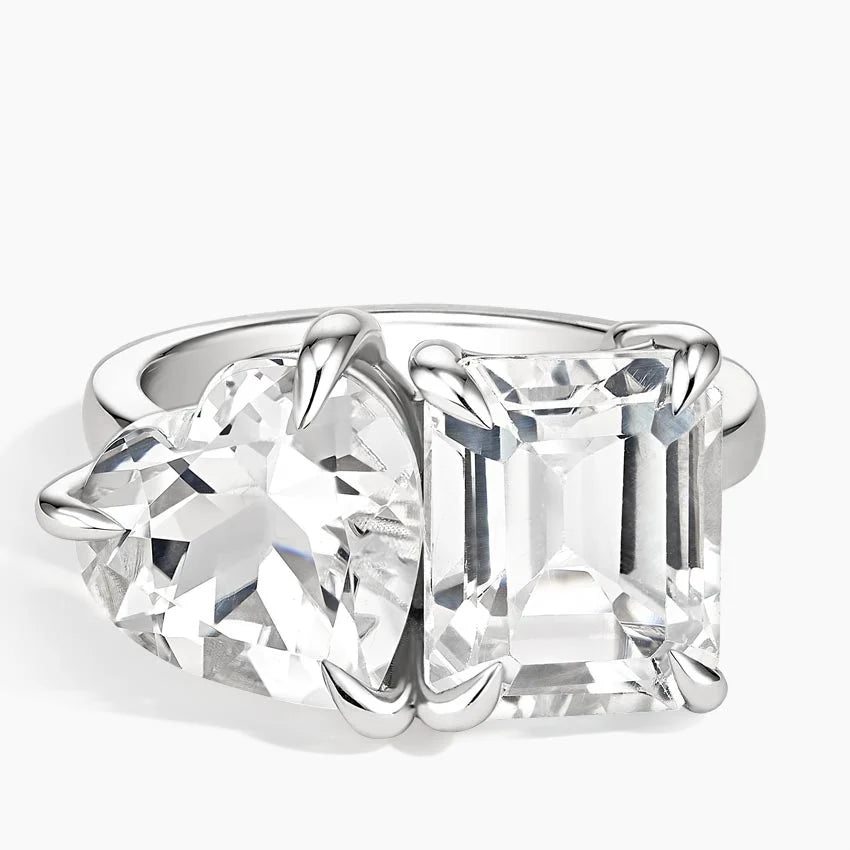 Toi et Moi Heart and Emerald Cut White Topaz Cocktail Ring shape : heart \ emerald color : white  clarity : eye clean