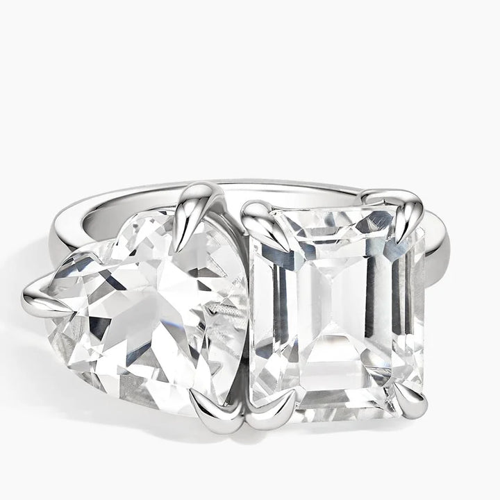 Toi et Moi Heart and Emerald Cut White Topaz Cocktail Ring shape : heart \ emerald color : white  clarity : eye clean