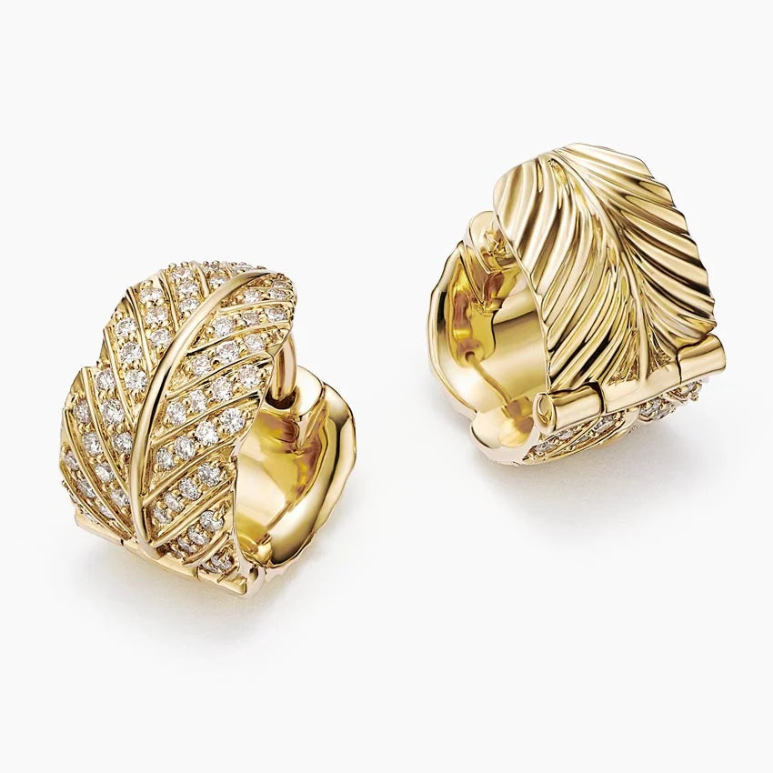 1.4K Yellow Gold Jane Goodall Pavé Leaf Lab Diamond Huggie Earrings ( 0.44 -  F/G -  VS )