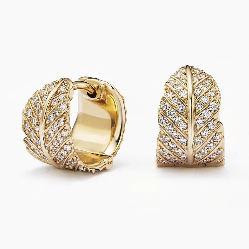 1.4K Yellow Gold Jane Goodall Pavé Leaf Lab Diamond Huggie Earrings ( 0.44 -  F/G -  VS )