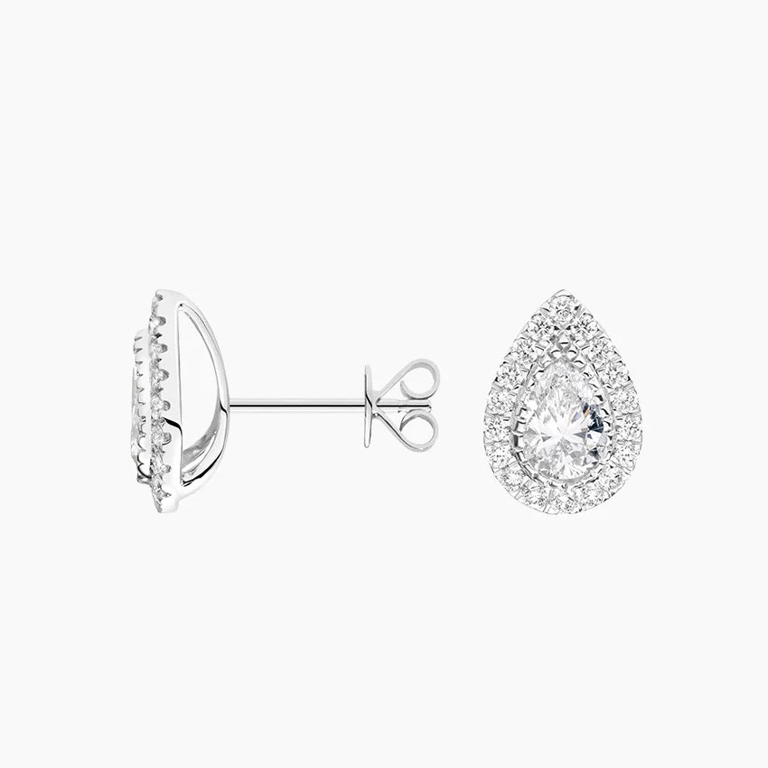 Pear Lab Grown Diamond Halo Stud Earrings (1 1/2 ct. tw.) shape : pear\round  color : H\I color : F\G  clarity : SI clarity ; VS