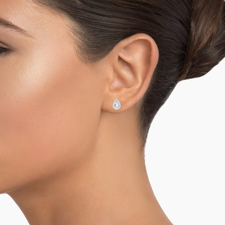Pear Lab Grown Diamond Halo Stud Earrings (1 1/2 ct. tw.) shape : pear\round  color : H\I color : F\G  clarity : SI clarity ; VS