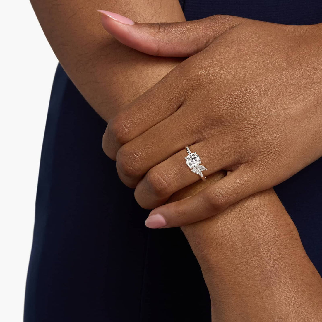 Marquise and Round Cluster Diamond Engagement Ring in 14k White Gold