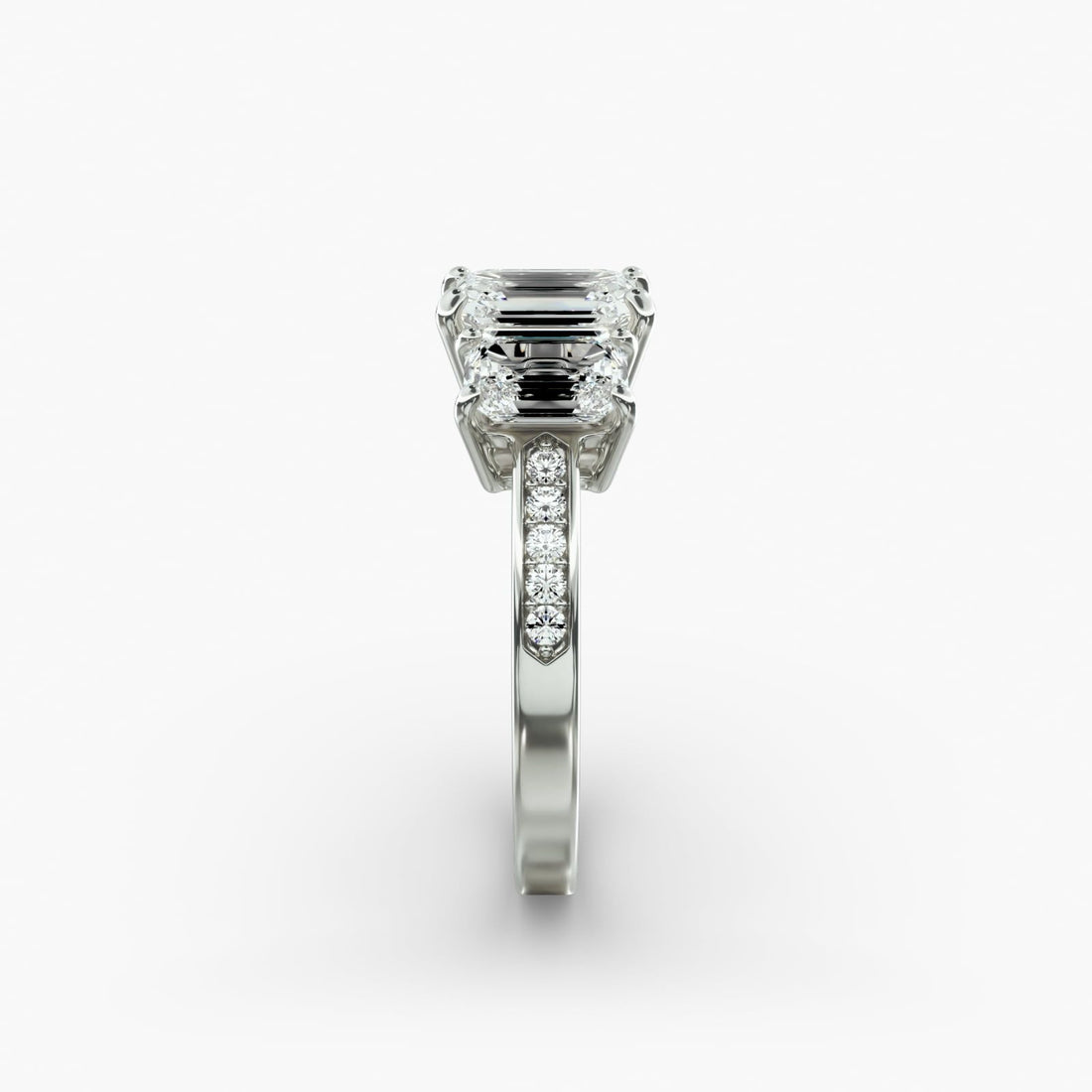 14K White Gold Three Stone Emerald And Pavé Set Diamond Engagement Ring (0.40 CTW - F-G / VS1-VS2)