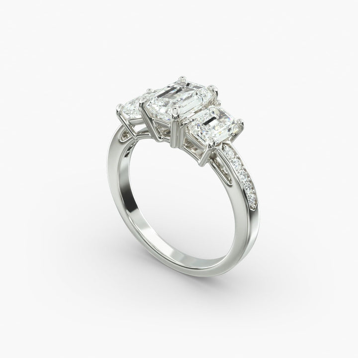 14K White Gold Three Stone Emerald And Pavé Set Diamond Engagement Ring (0.40 CTW - F-G / VS1-VS2)