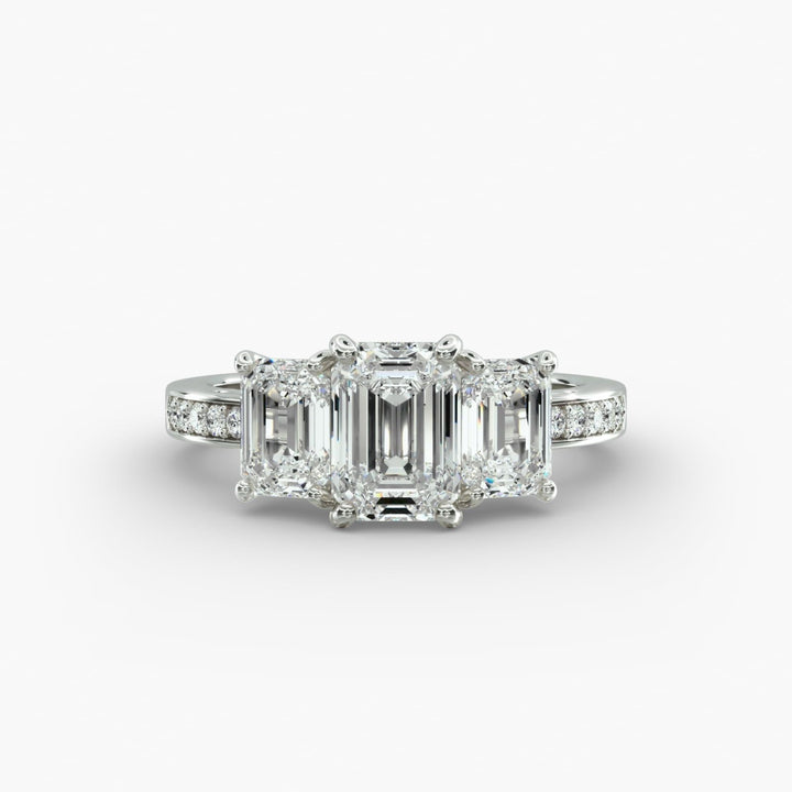 14K White Gold Three Stone Emerald And Pavé Set Diamond Engagement Ring (0.40 CTW - F-G / VS1-VS2)