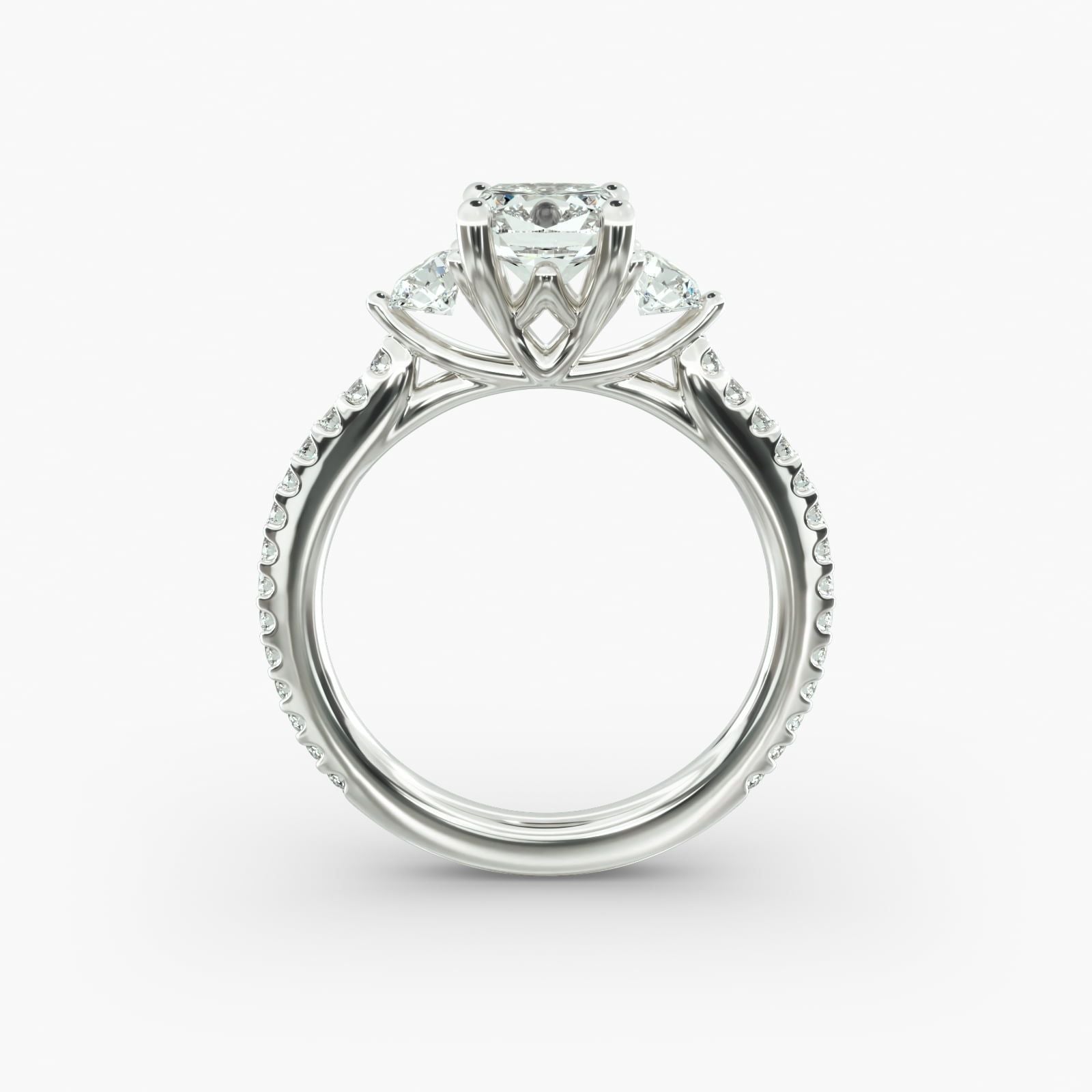 14K White Gold Round Shaped Cross Prong Three Stone Pavé Engagement Ring (0.35 CTW - H-I /SI1-SI2)