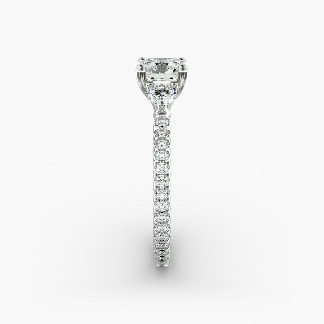 14K White Gold Round Shaped Cross Prong Three Stone Pavé Engagement Ring (0.35 CTW - H-I /SI1-SI2)