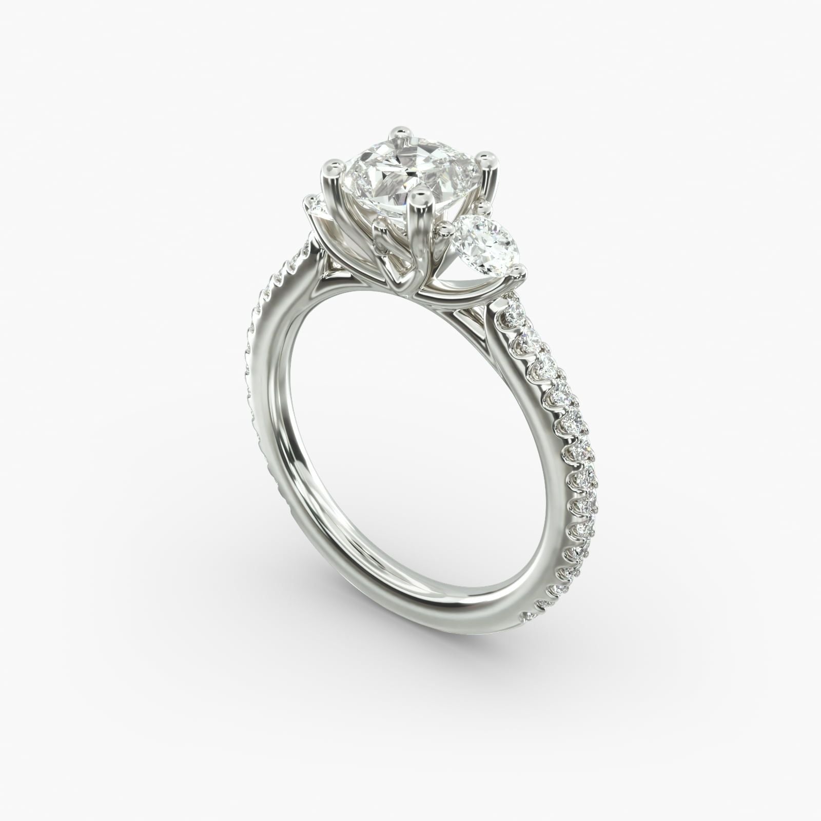 14K White Gold Round Shaped Cross Prong Three Stone Pavé Engagement Ring (0.35 CTW - H-I /SI1-SI2)