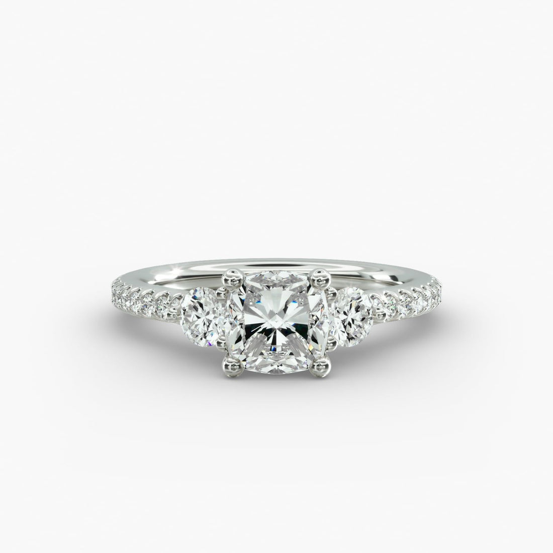 14K White Gold Round Shaped Cross Prong Three Stone Pavé Engagement Ring (0.35 CTW - H-I /SI1-SI2)