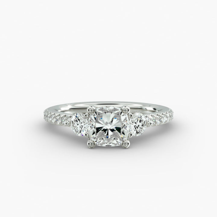 14K White Gold Round Shaped Cross Prong Three Stone Pavé Engagement Ring (0.35 CTW - H-I /SI1-SI2)
