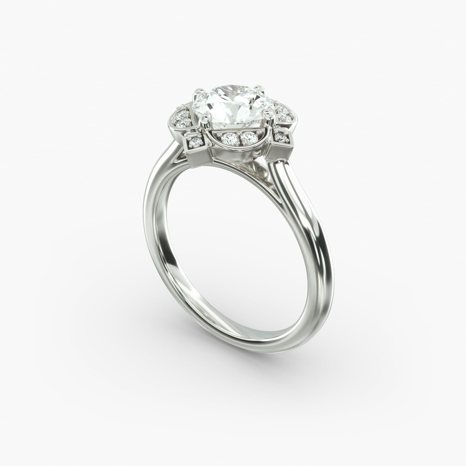 14K White Gold Art Deco Inspired Floral Halo Engagement Ring (0.09 CTW - F-G /VS1-VS2)