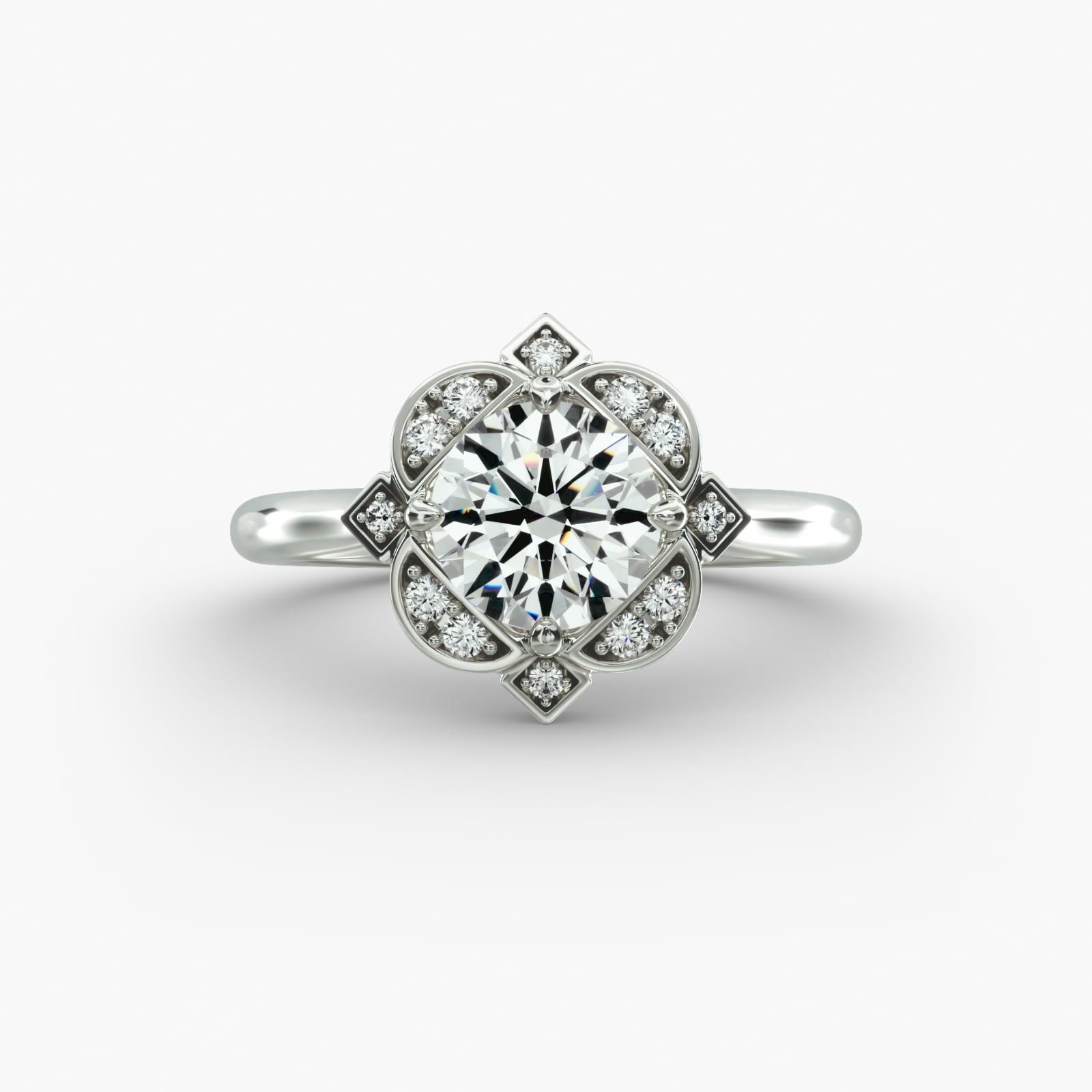 14K White Gold Art Deco Inspired Floral Halo Engagement Ring (0.09 CTW - F-G /VS1-VS2)