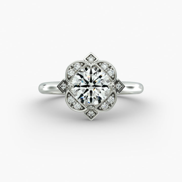 14K White Gold Art Deco Inspired Floral Halo Engagement Ring (0.09 CTW - F-G /VS1-VS2)