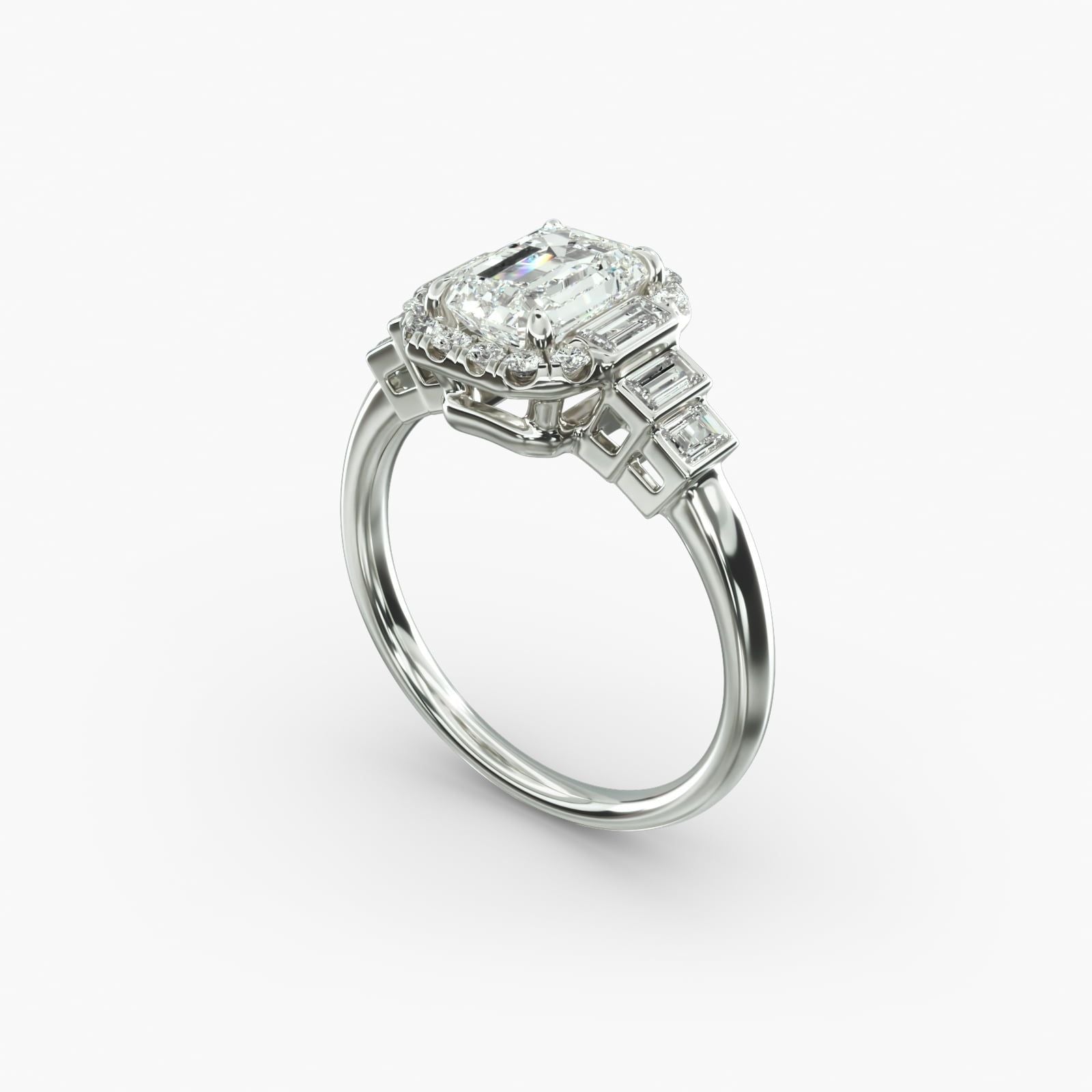 14K White Gold Escalating Baguettes Halo Diamond Engagement Ring (0.46 CTW - G-H /VS2-SI1)