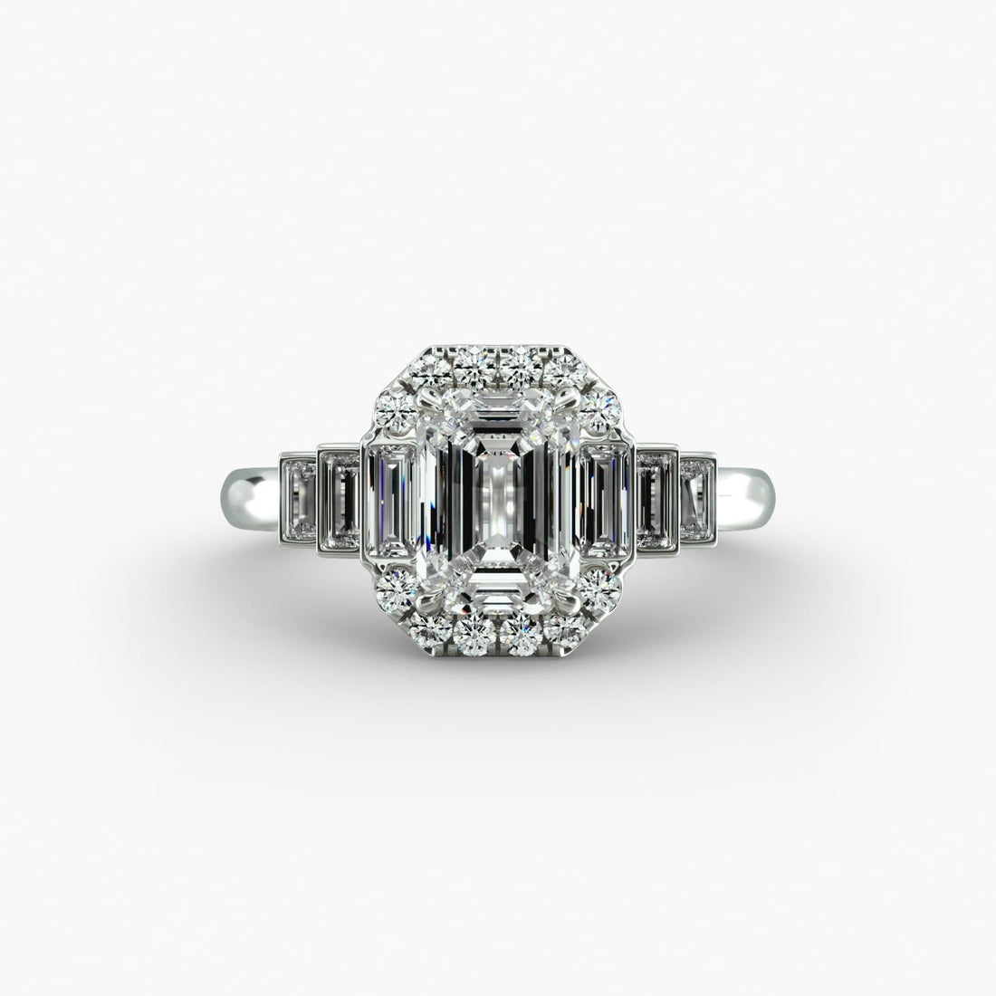 14K White Gold Escalating Baguettes Halo Diamond Engagement Ring (0.46 CTW - G-H /VS2-SI1)