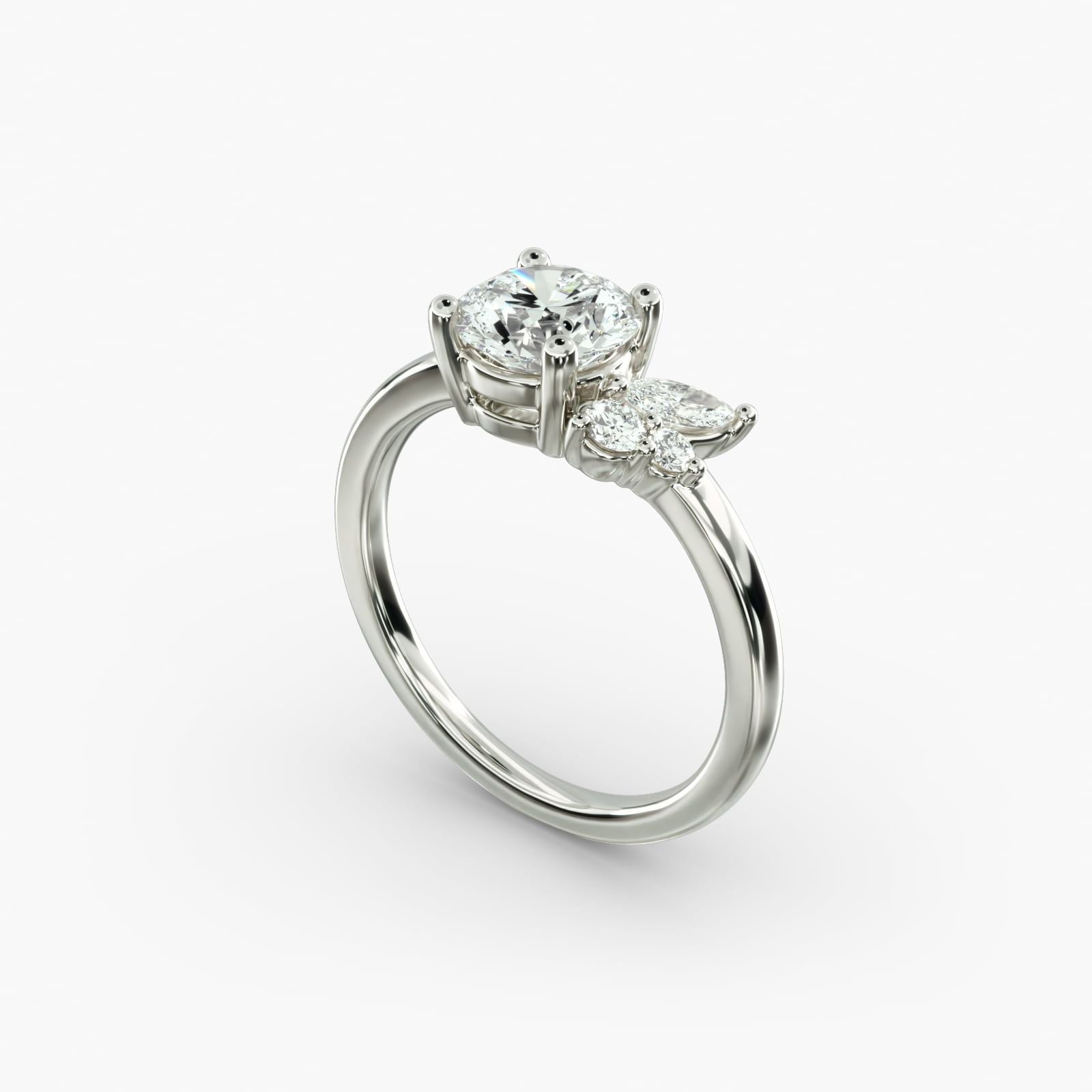 Asymmetrical Marquise and Round Cluster Diamond Engagement Ring in 14k White Gold