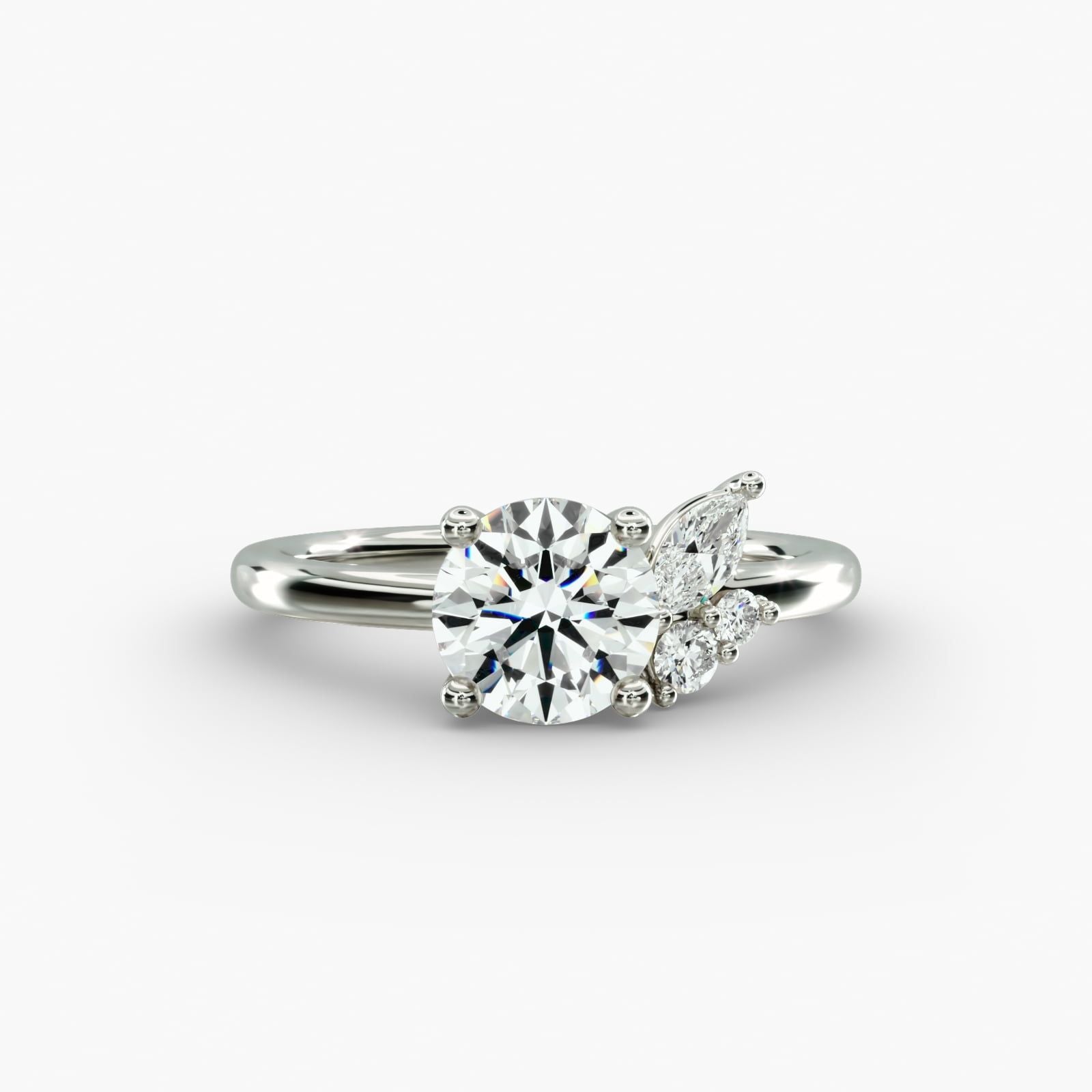 Asymmetrical Marquise and Round Cluster Diamond Engagement Ring in 14k White Gold