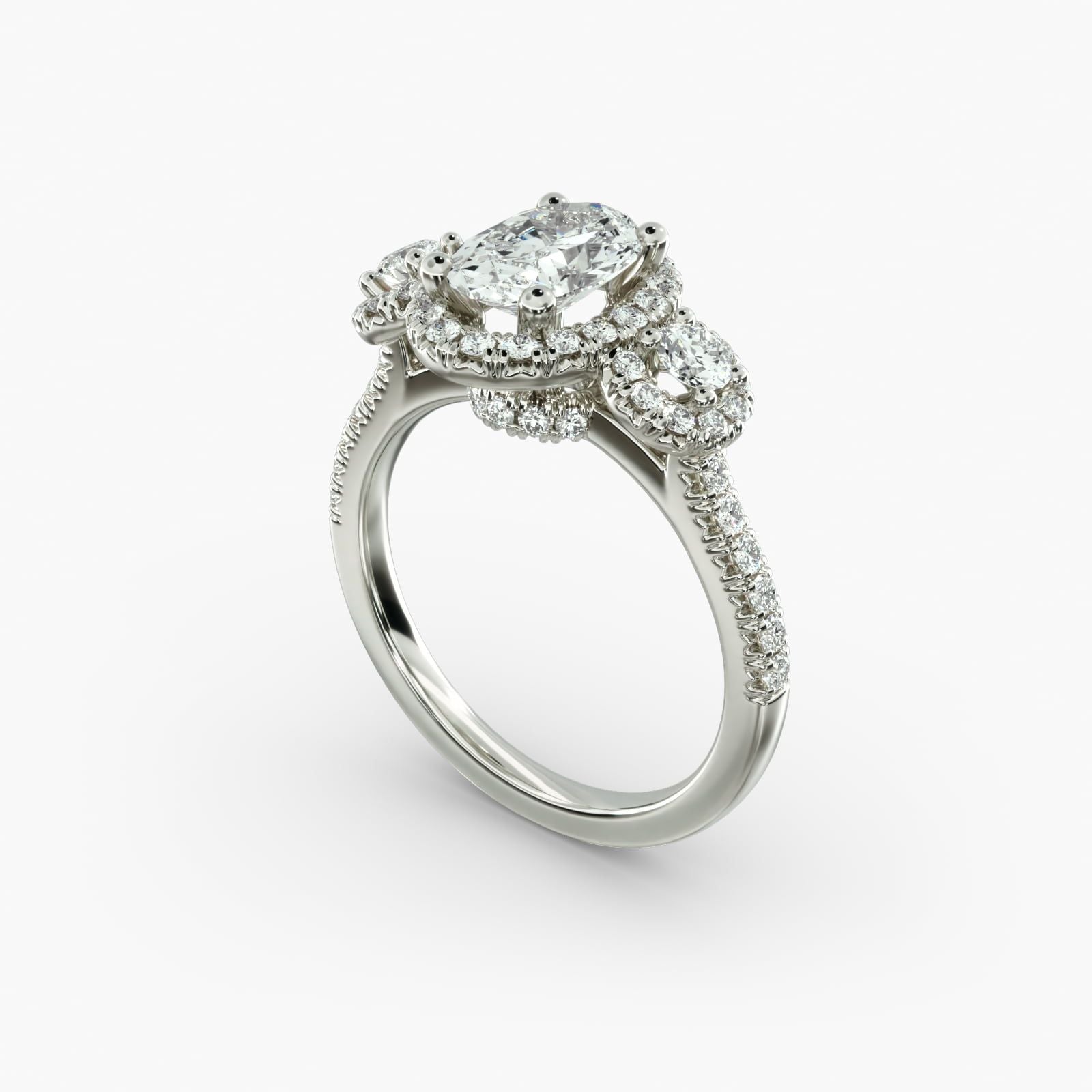 Three-Stone Halo Diamond Engagement Ring in 14k White Gold
