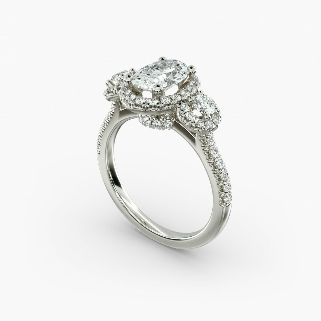 Three-Stone Halo Diamond Engagement Ring in 14k White Gold