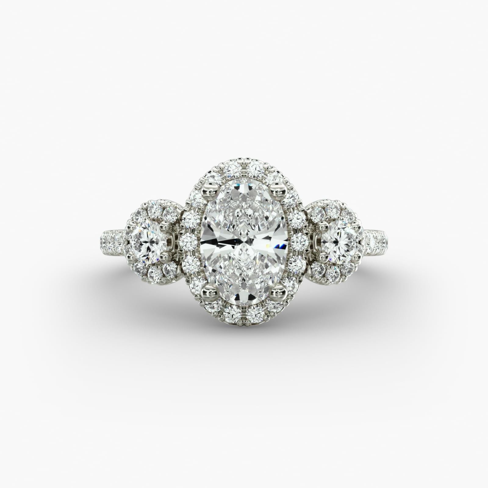 Three-Stone Halo Diamond Engagement Ring in 14k White Gold