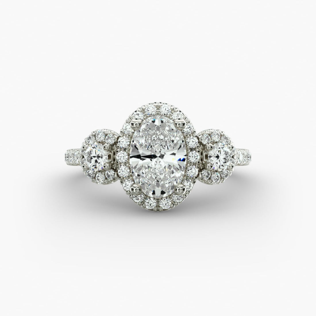 Three-Stone Halo Diamond Engagement Ring in 14k White Gold