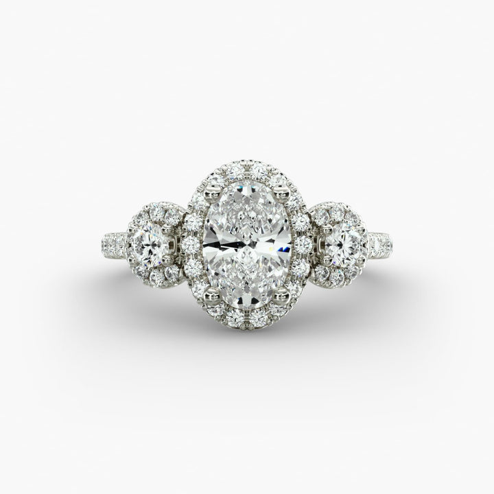 Three-Stone Halo Diamond Engagement Ring in 14k White Gold