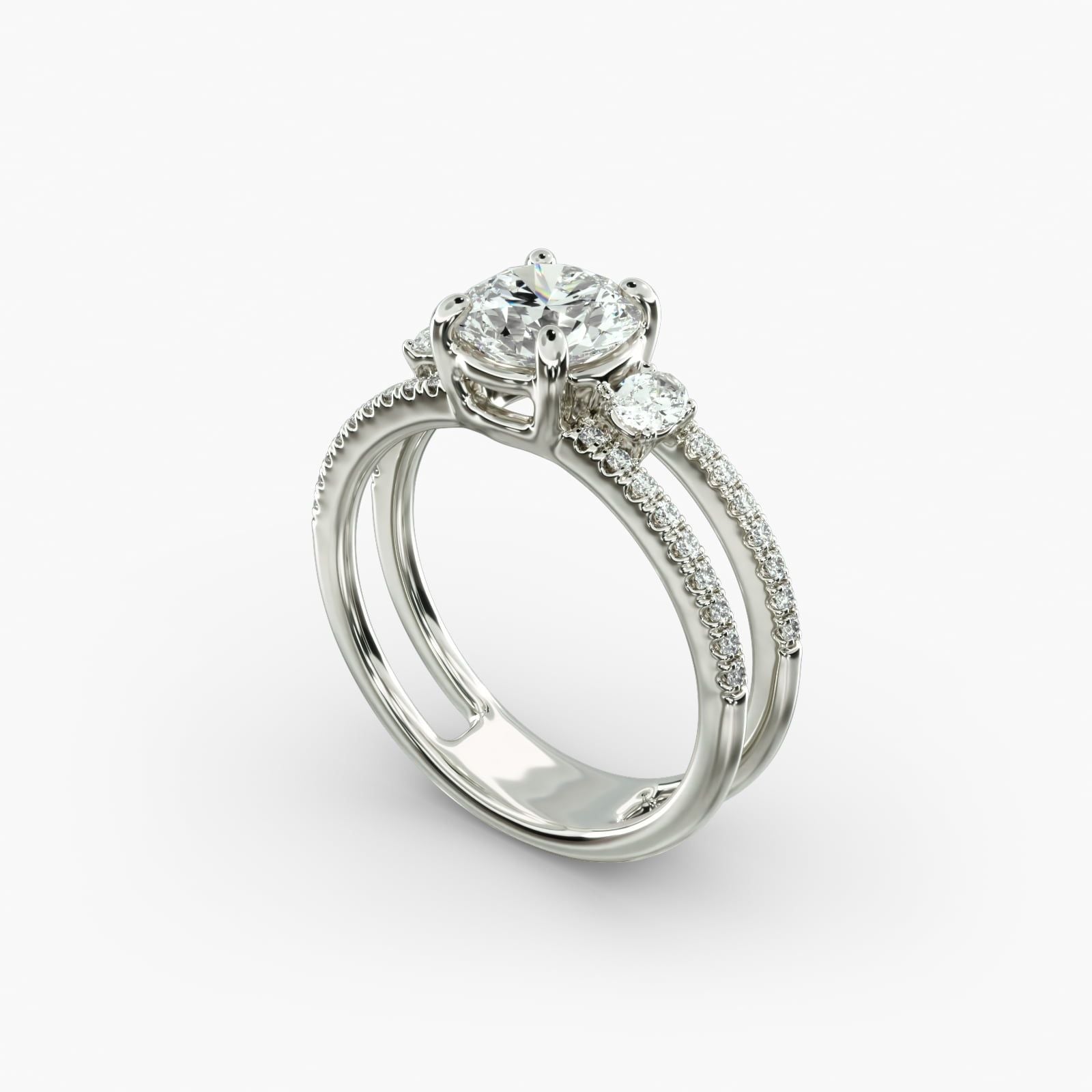 Three Stone Oval Duet Shank Diamond Engagement Ring in 14k White Gold