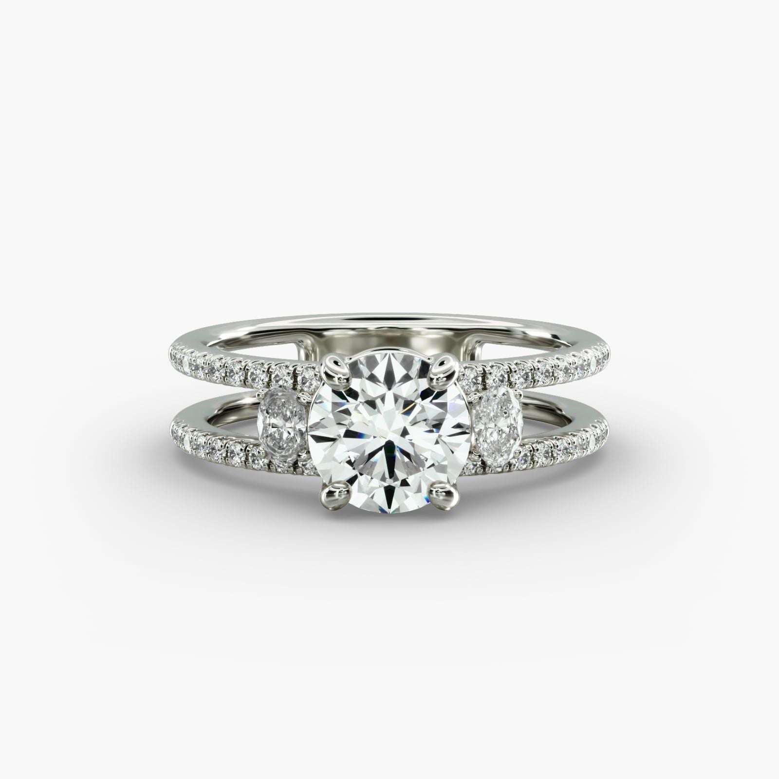Three Stone Oval Duet Shank Diamond Engagement Ring in 14k White Gold